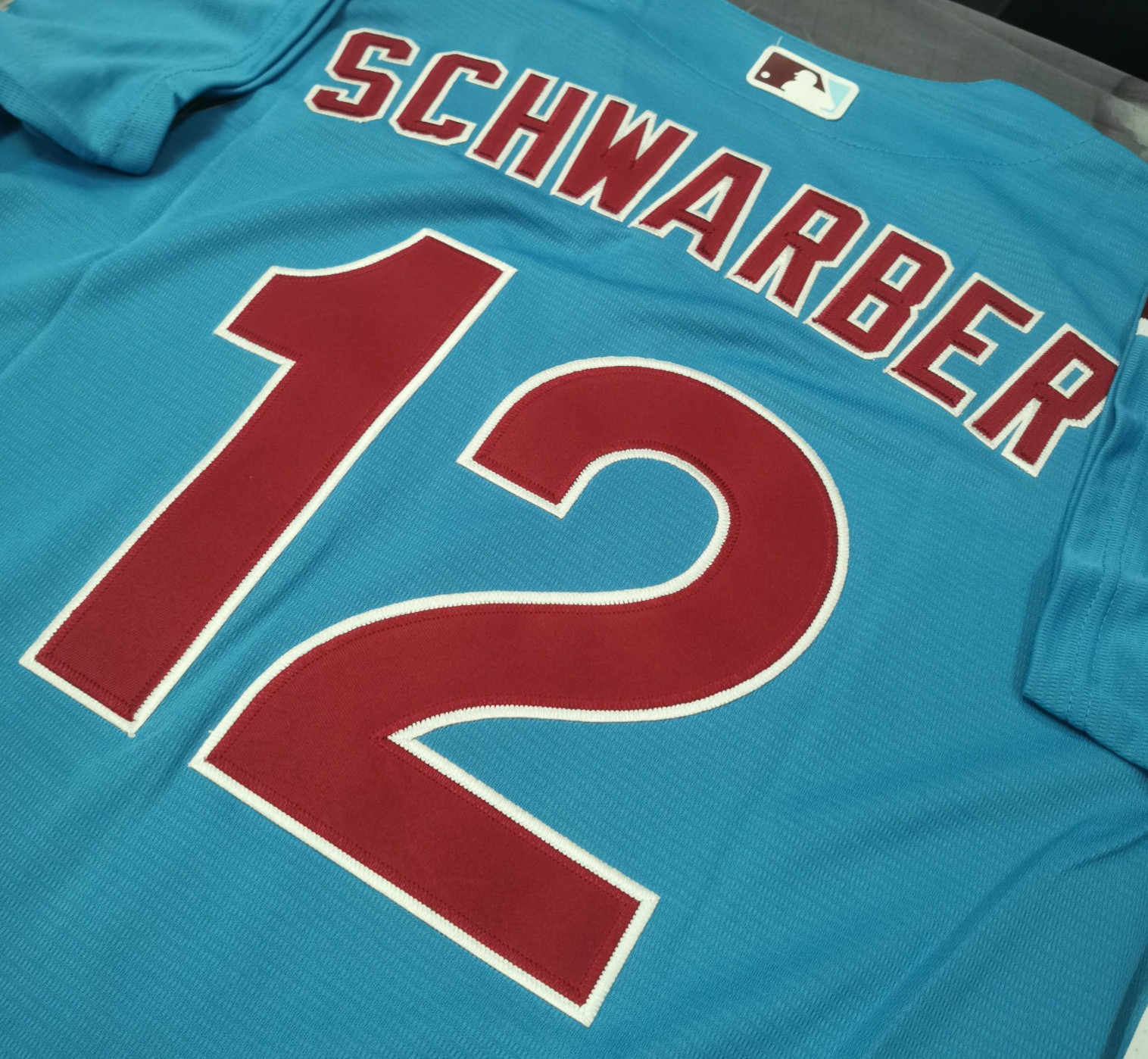Kyle Schwarber #12 Phillies Throwback Light Blue Sewn Stitched Jersey.