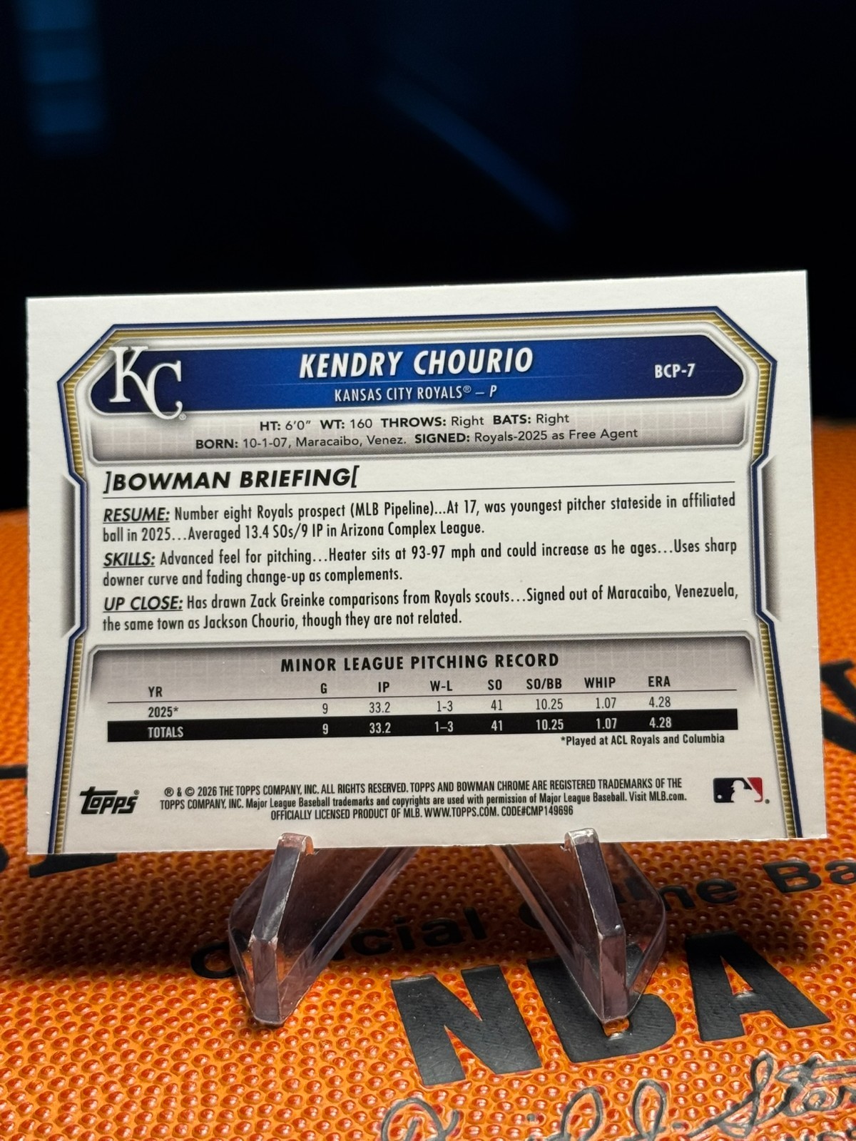 2026 BOWMAN BLUE REFRACTOR MOJO KENDRY CHOURIO ROOKIE CARD #BCP-7 394/499 ROYALS