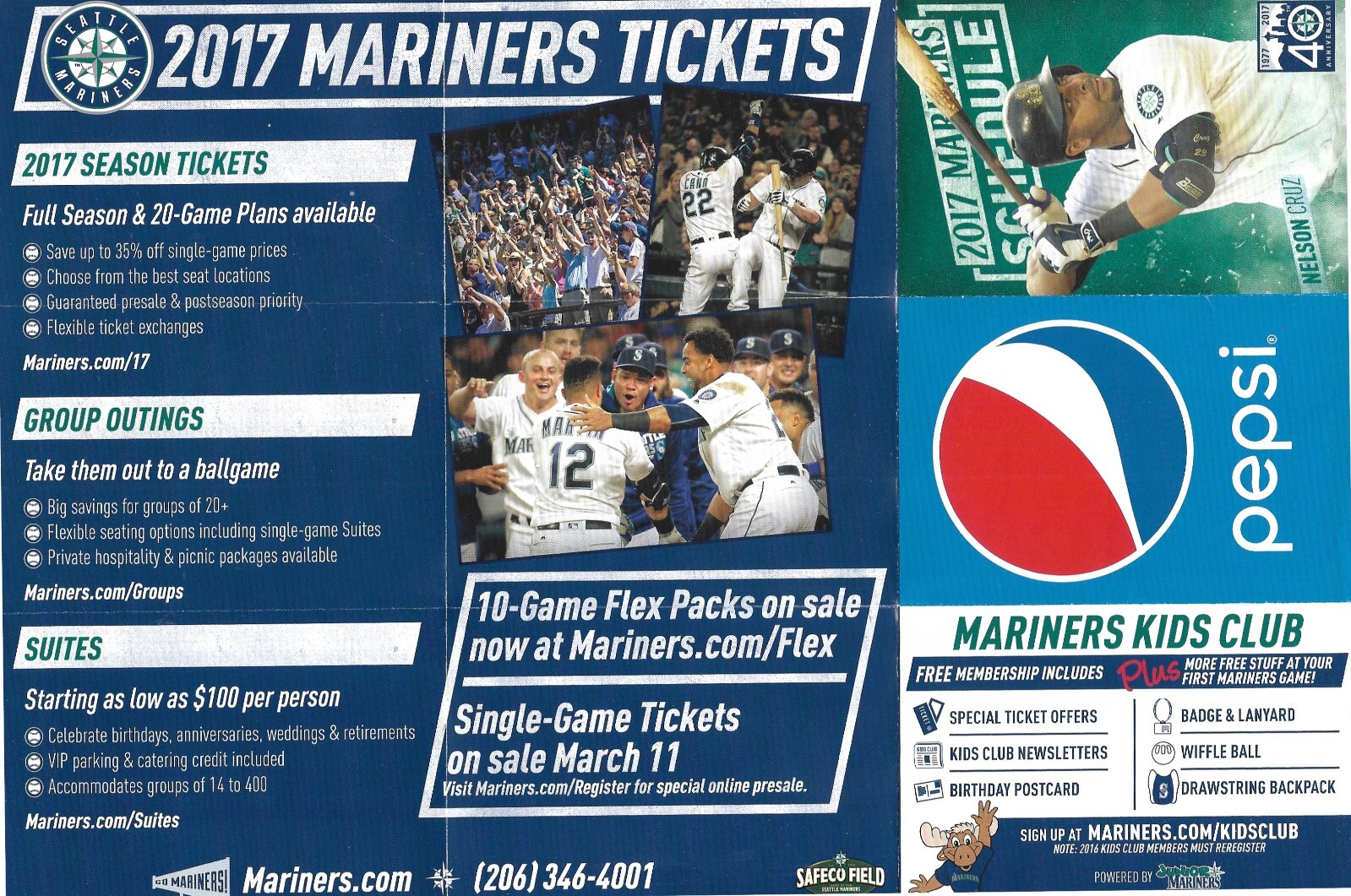 2017 SEATTLE MARINERS Nelson Cruz Pepsi Regular Season POCKET SCHEDULE NM-MT