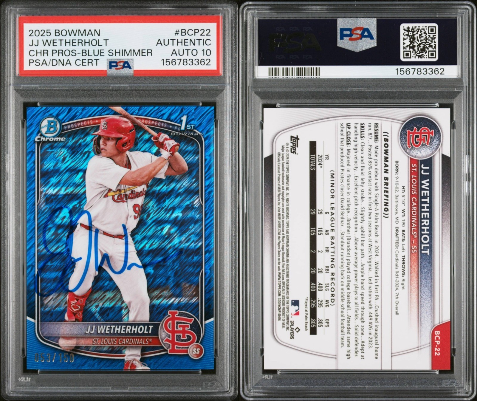 JJ Wetherholt Signed 2025 1st Bowman Blue Shimmer Refractor /150 PSA Auto Gem 10