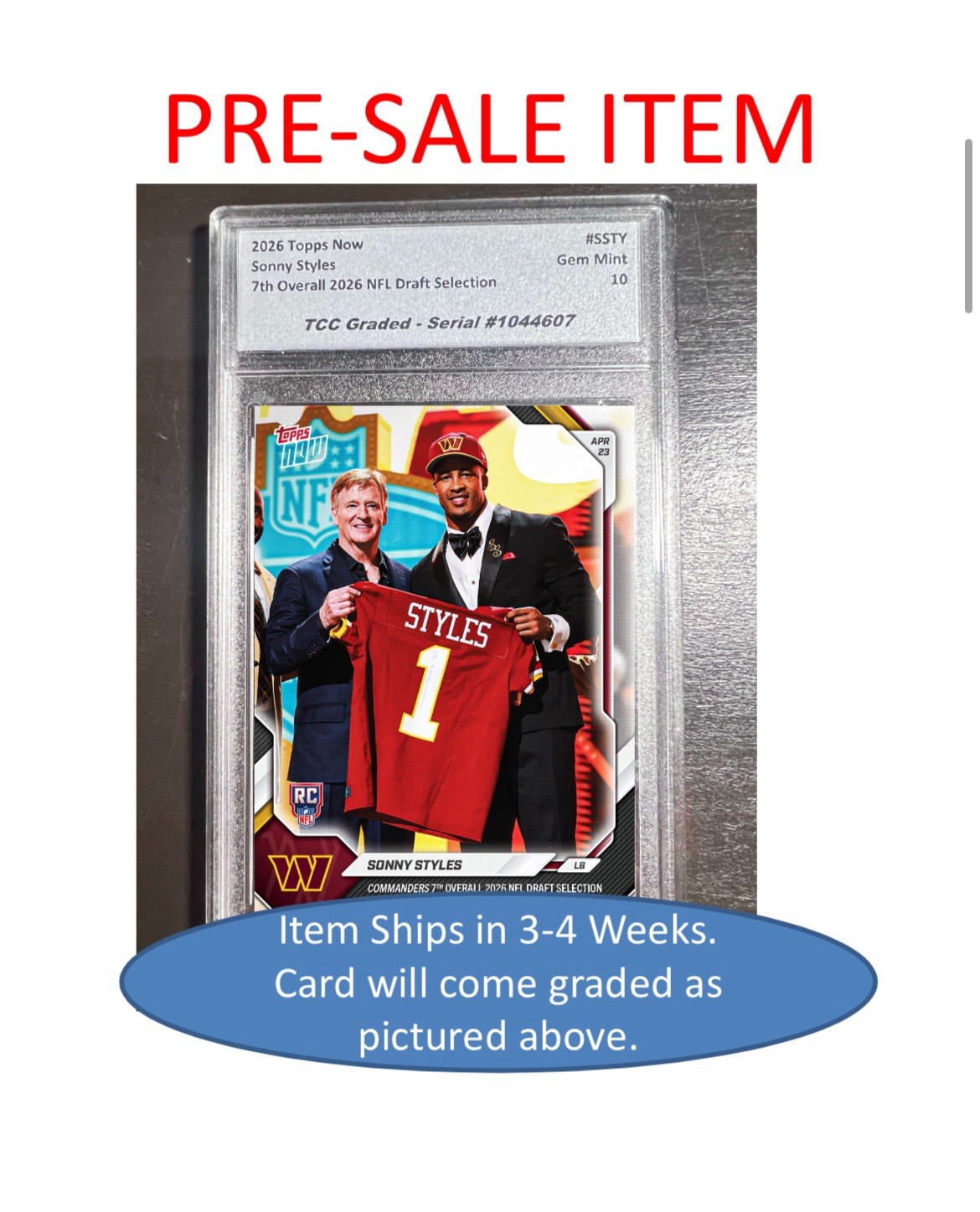 Presale 2026 Topps Now Sonny Styles NFL Draft Pick #7 TCC Graded Gem Mint 10