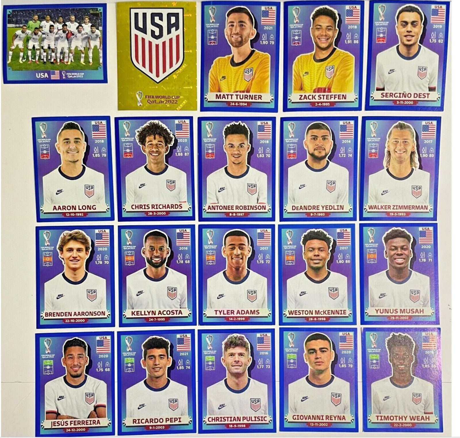 2022 Fifa World Cup Panini Stickers TEAM USA White Blue Parallel & Gold Foil