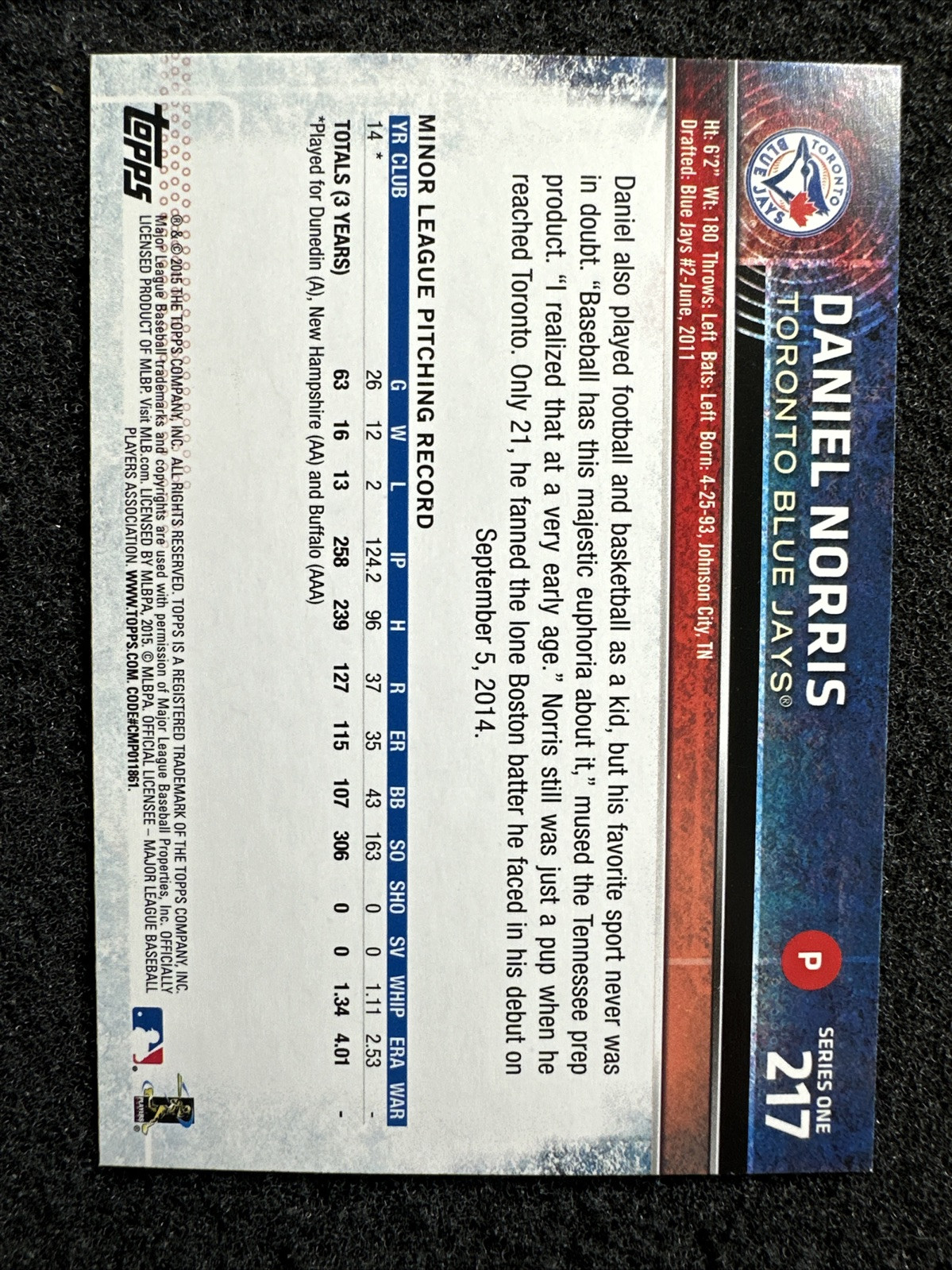 DANIEL NORRIS #217 2015 Topps Baseball RC Rookie Card QTY Toronto Blue Jays