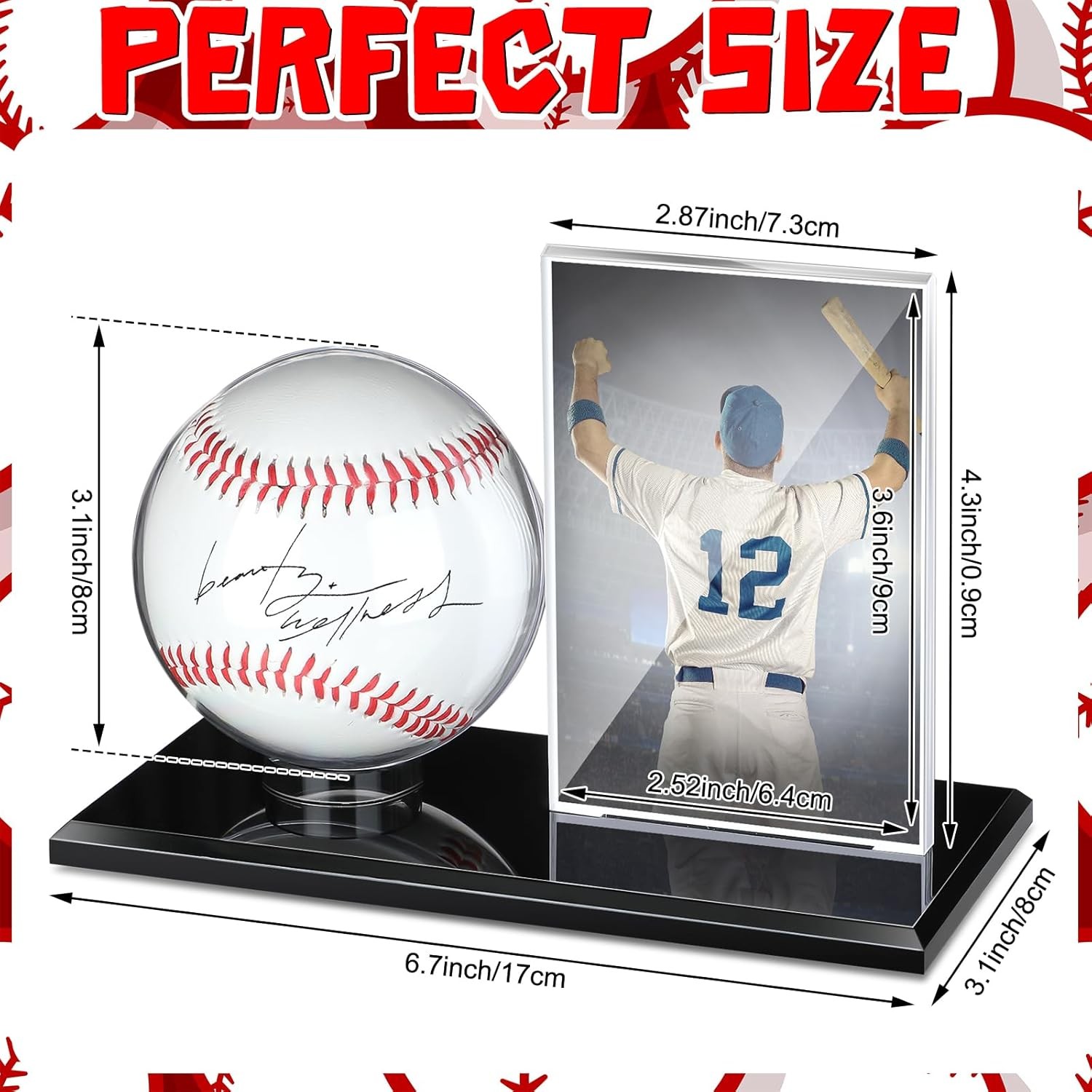 Baseball Display Case for Ball and Cards Clear Base Ball Holder Ring Stand Set