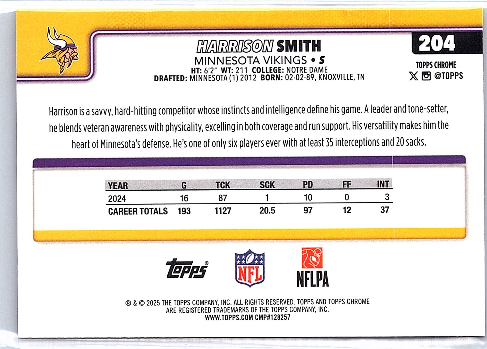 2025 Topps Chrome – Harrison Smith #204 HOT PINK X-FRACTOR Minnesota Vikings