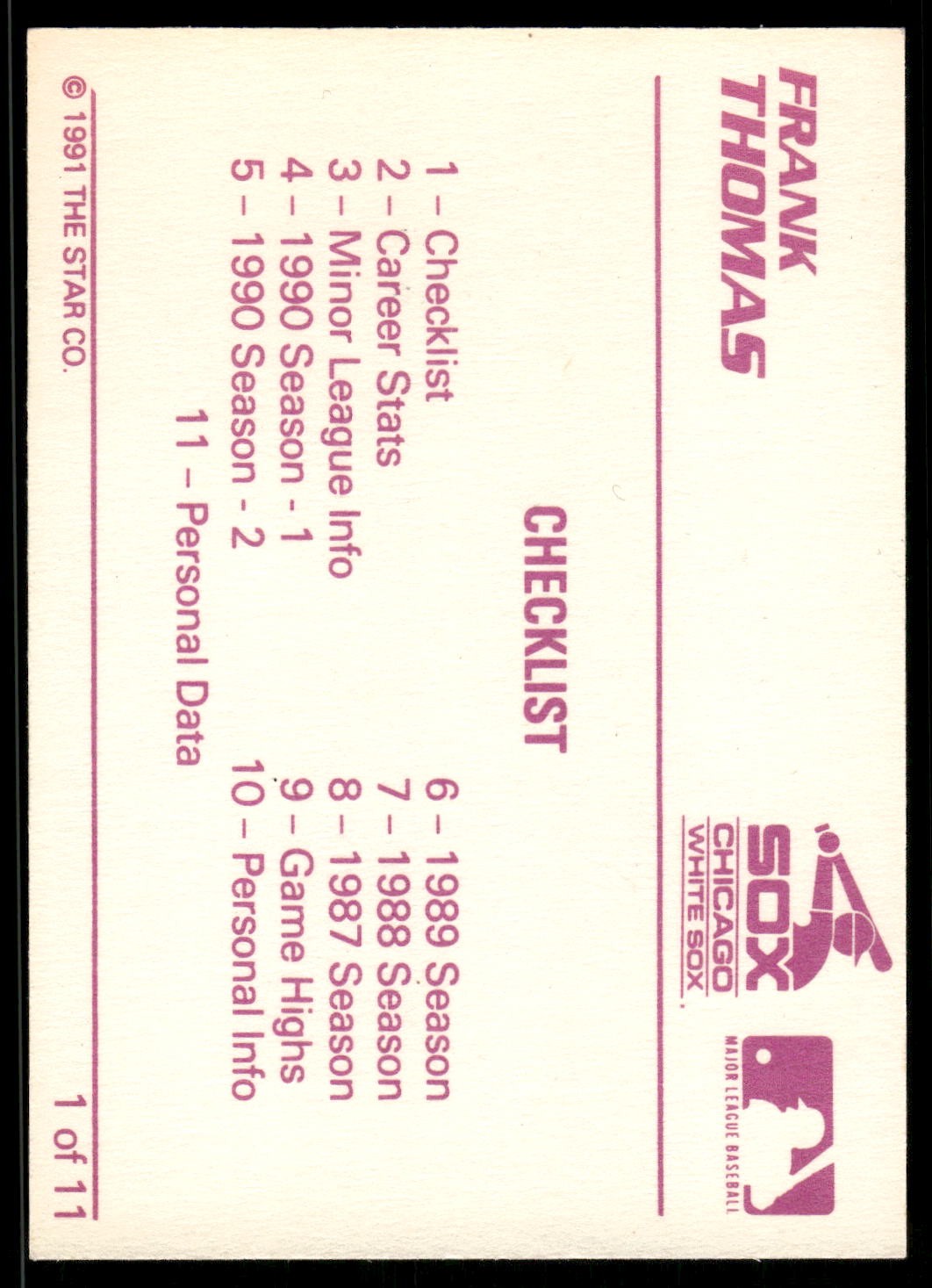 1991 Star Frank Thomas #1 Frank Thomas