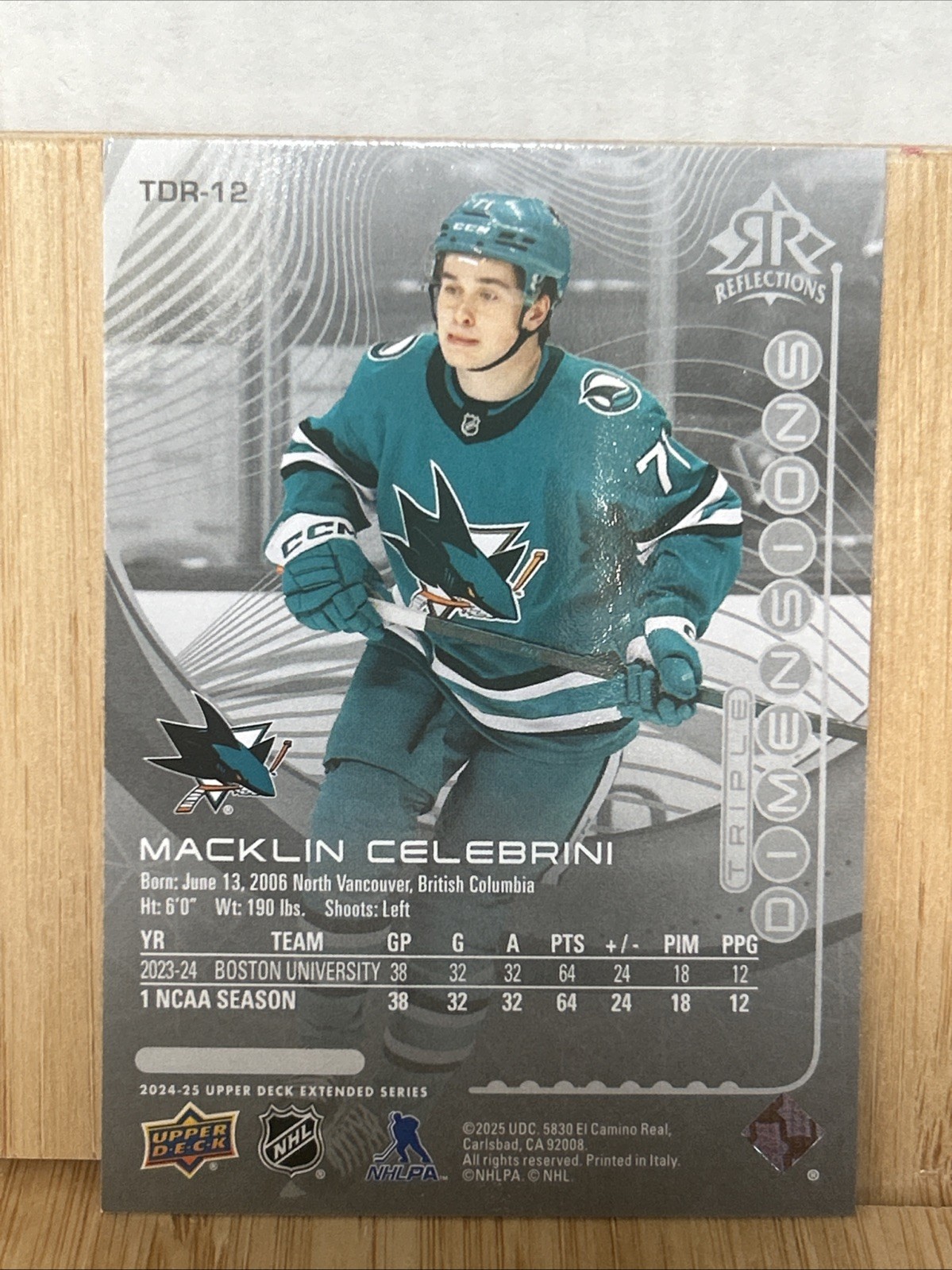 2024-25 Upper Deck #TDR-12 Macklin Celebrini Triple Dimensions Reflections 1B