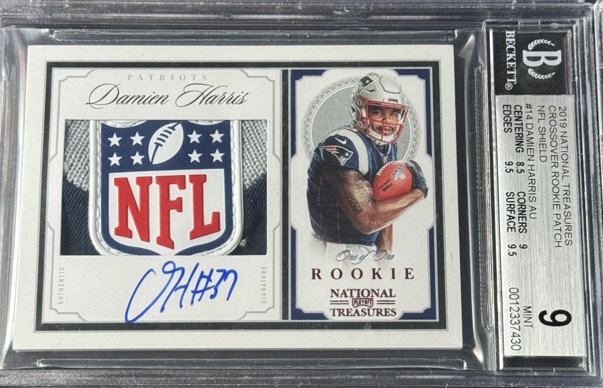 BGS 9 Damien Harris 2019 National Treasures NFL Shield 1/1 RPA RC Rookie Auto 10