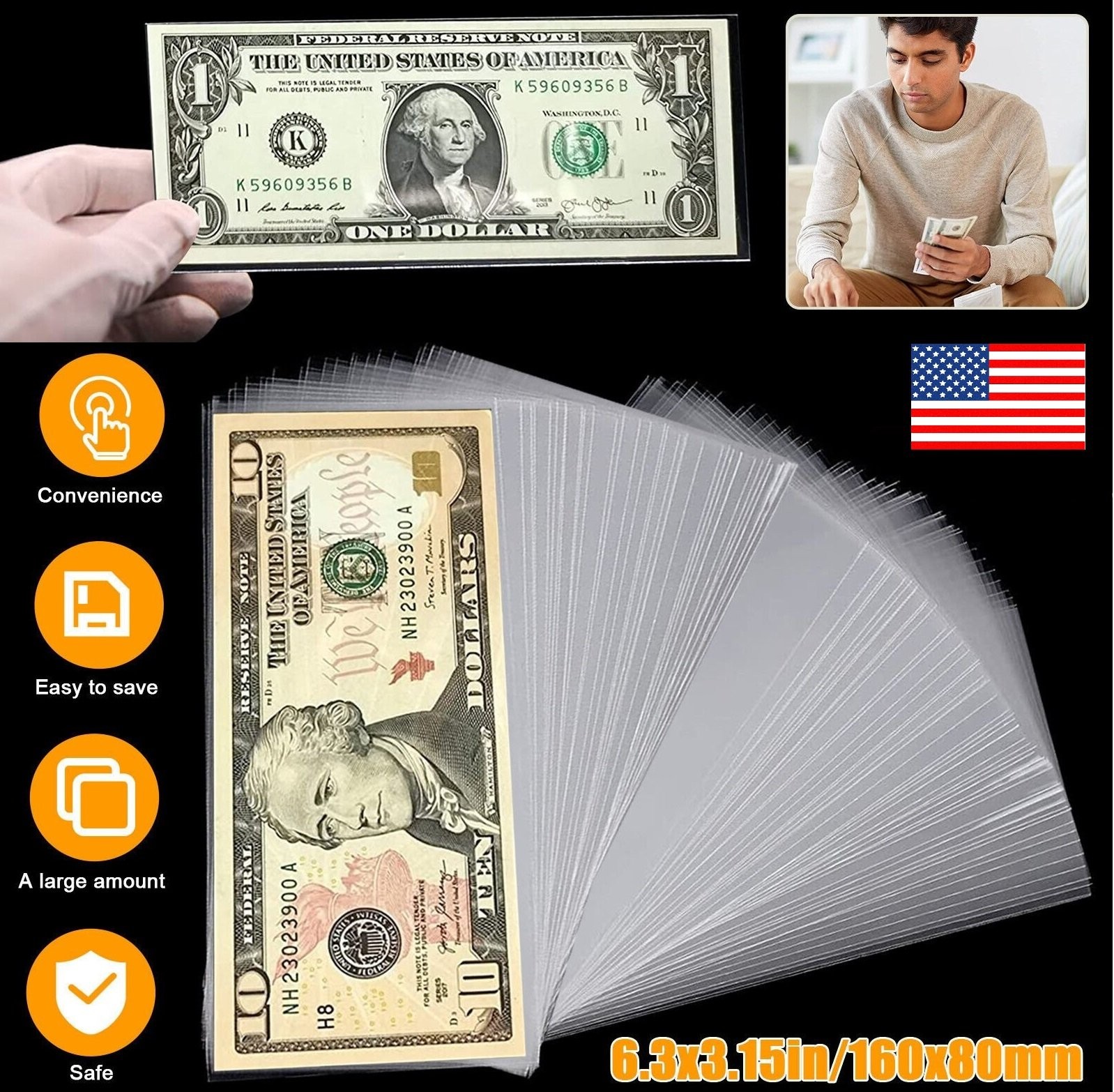 200pcs Currency Sleeves, Clear Dollar Holder Banknote Protector for Paper Money