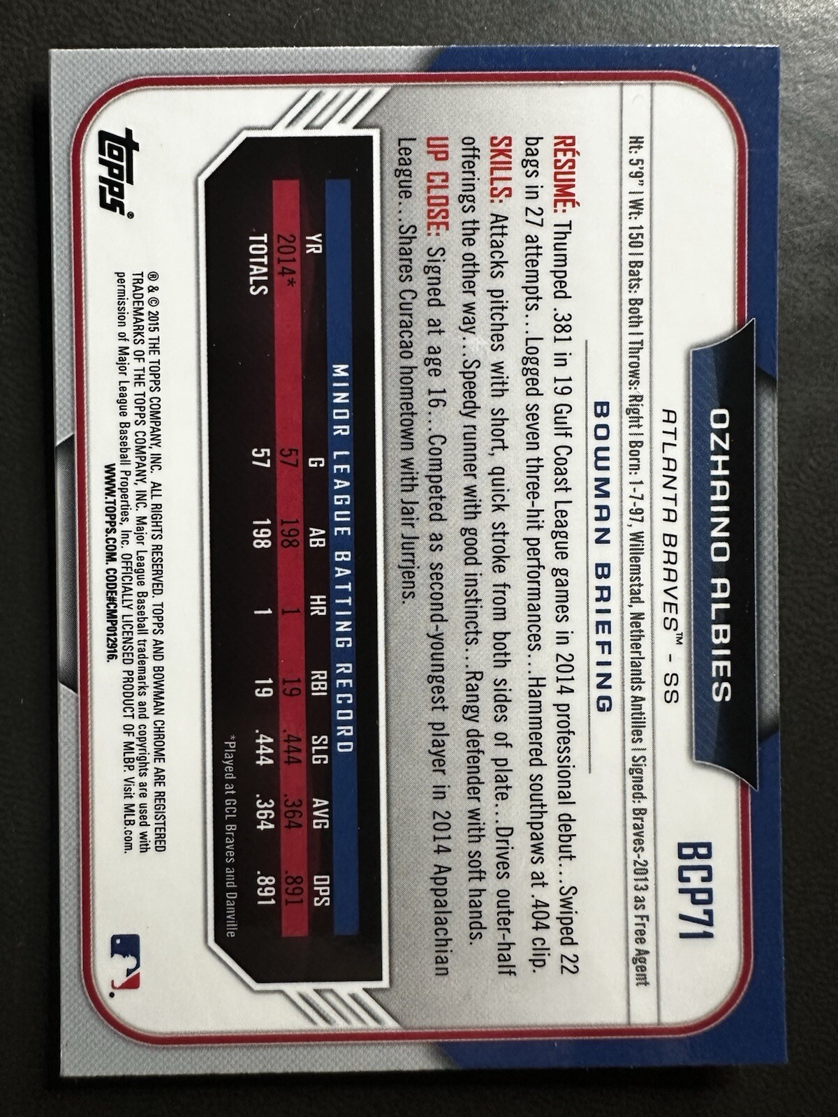 2015 Bowman Chrome Ozzie Albies 1st Bowman RC #BCP71