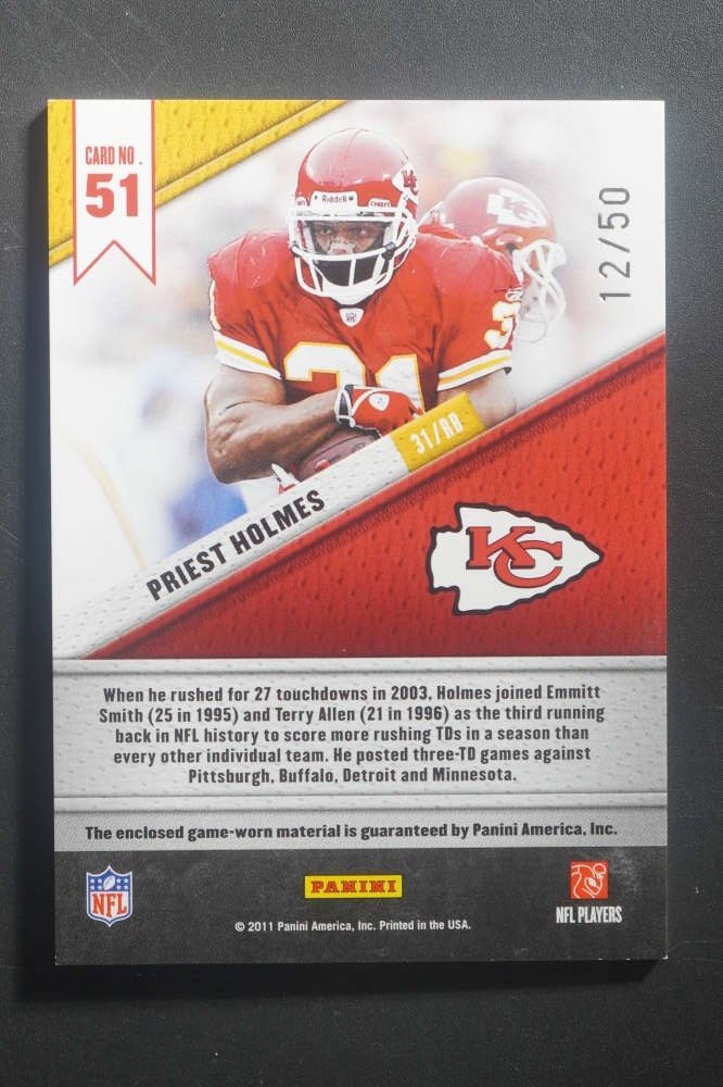 2011 Panini Certified Priest Holmes Fabric of the Game Patch /50 Chiefs DV1060