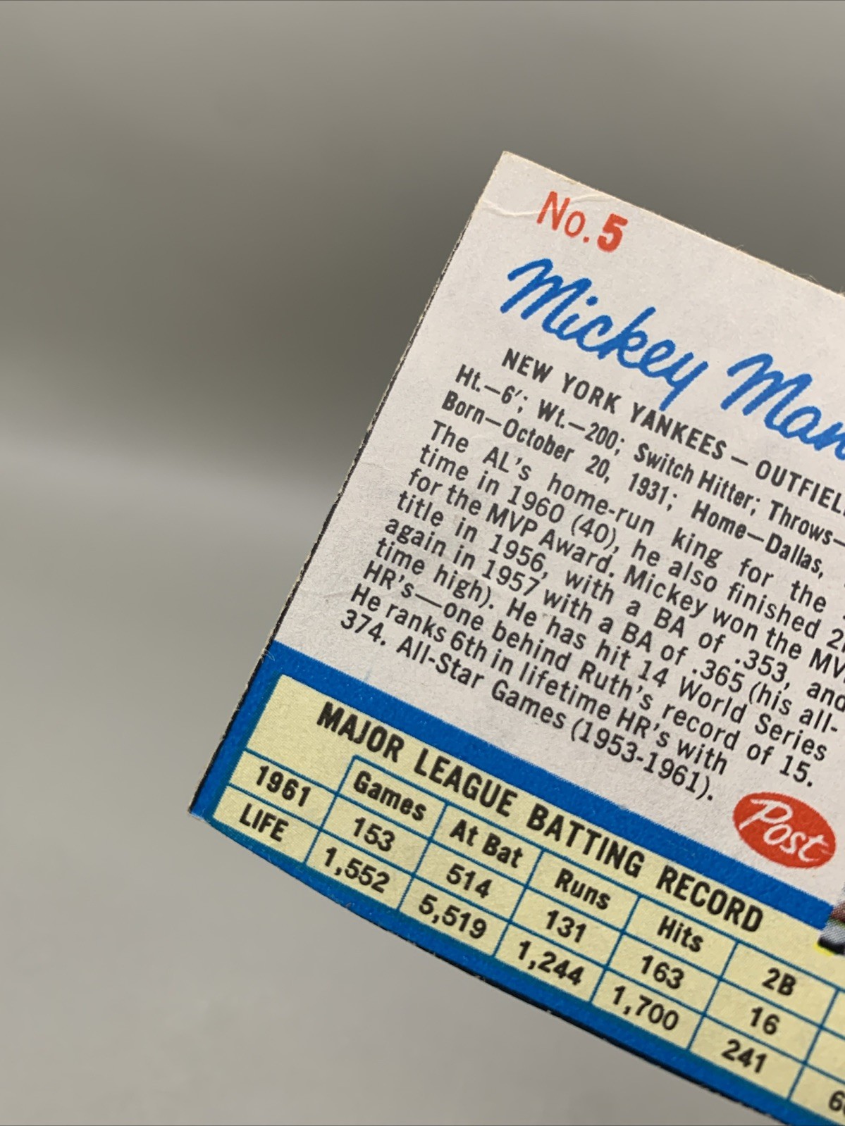 1962 Post Cereal (hand Cut) #5 Mickey Mantle New York Yankees Small Crease