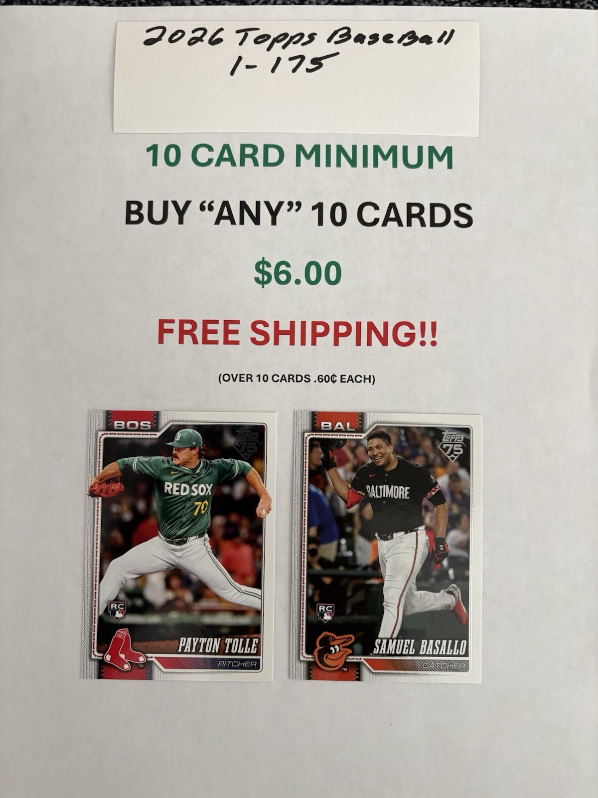 2026 Topps Baseball, cards 1-175, 10 card minimum, 10/$6.00, Free shipping