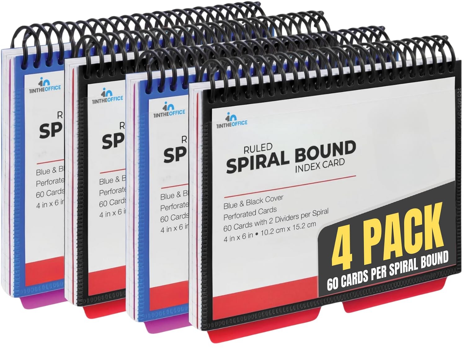 1Intheoffice Index Cards 4 X 6 Ruled Spiral Bound 120 White Cards/Spiral 4 Pack