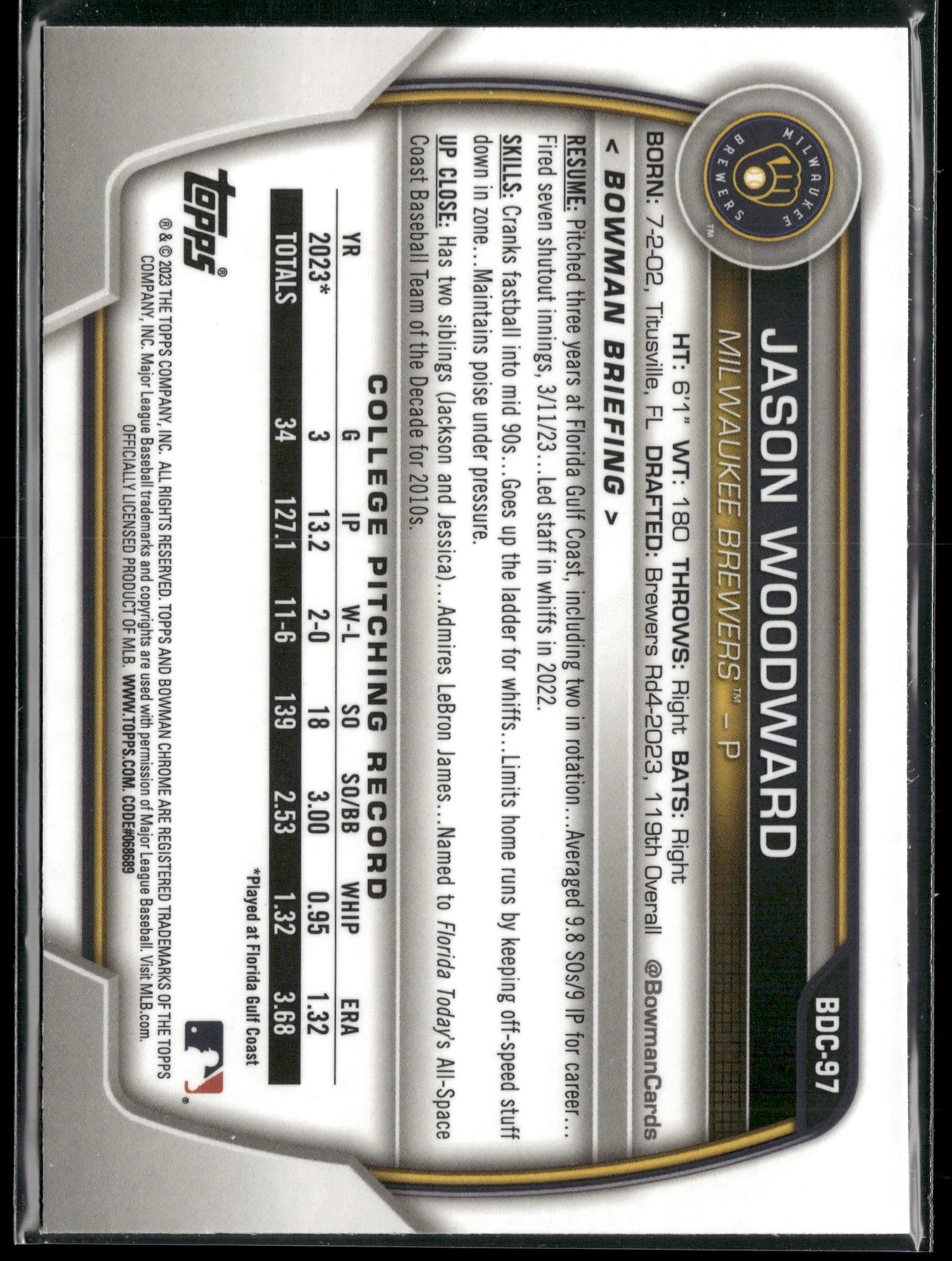 2023 Bowman Draft #BDC-97 Jason Woodward Chrome