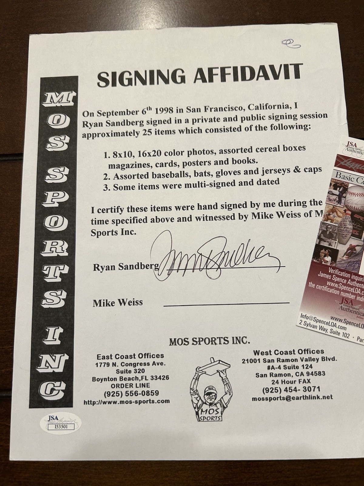 Ryne Sandberg Chicago Cubs Signed Contract Affidavit W/ JSA 1/1