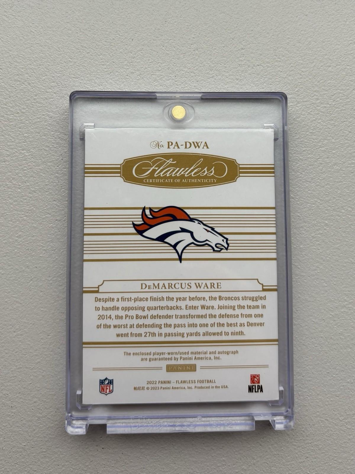 2022 Panini Flawless DeMarcus Ware Platinum Patch Shield Auto 1/1 BRONCOS HOF