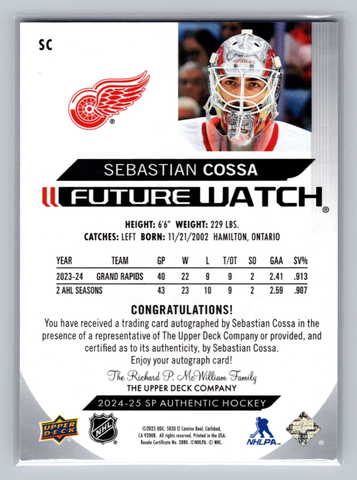 2024 UPPER DECK SP AUTHENTIC #SC SEBASTIAN COSSA FUTURE WATCH AUTO ROOKIE /999!