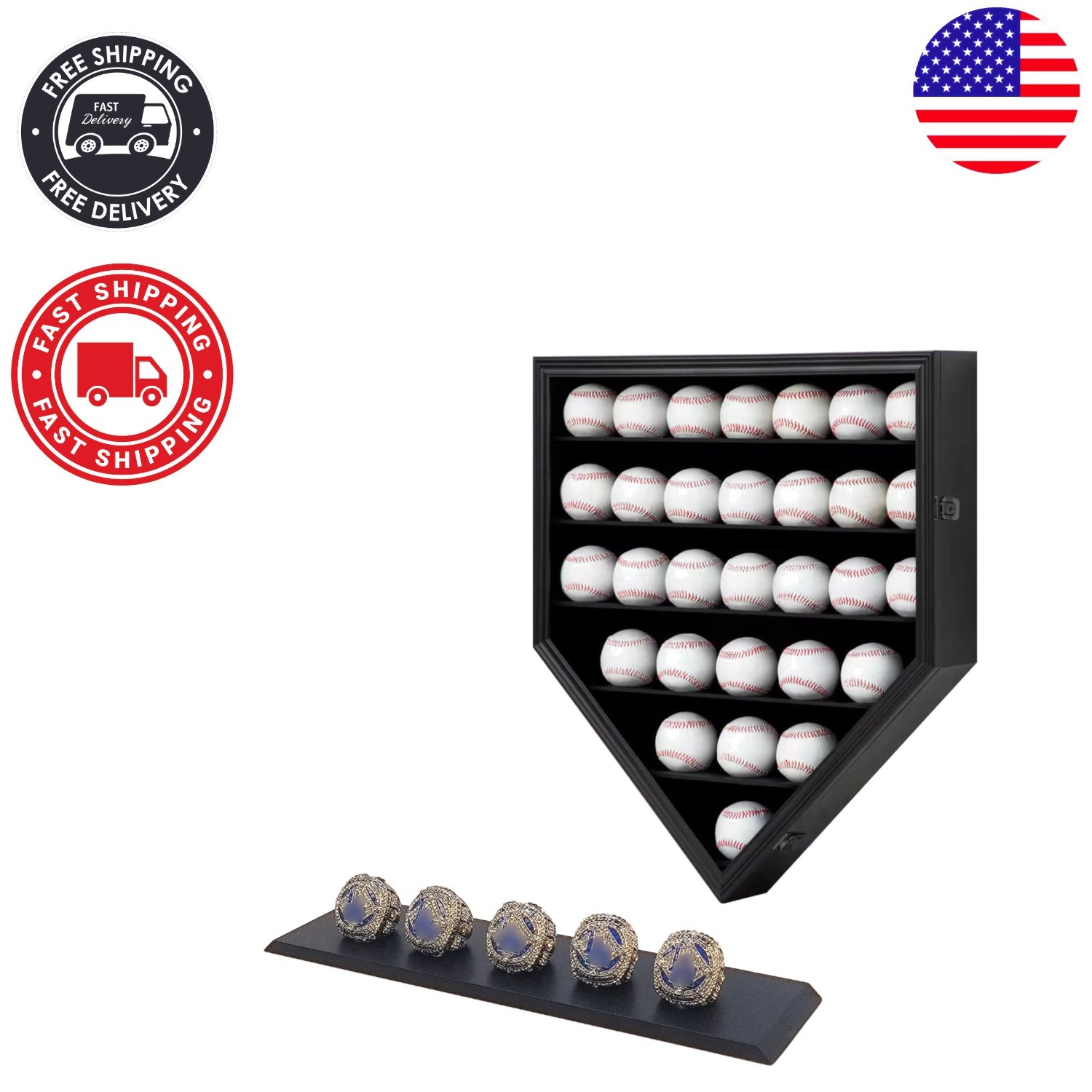 Wooden Display Case for 30 Baseballs & Rings – Shatterproof Acrylic Door