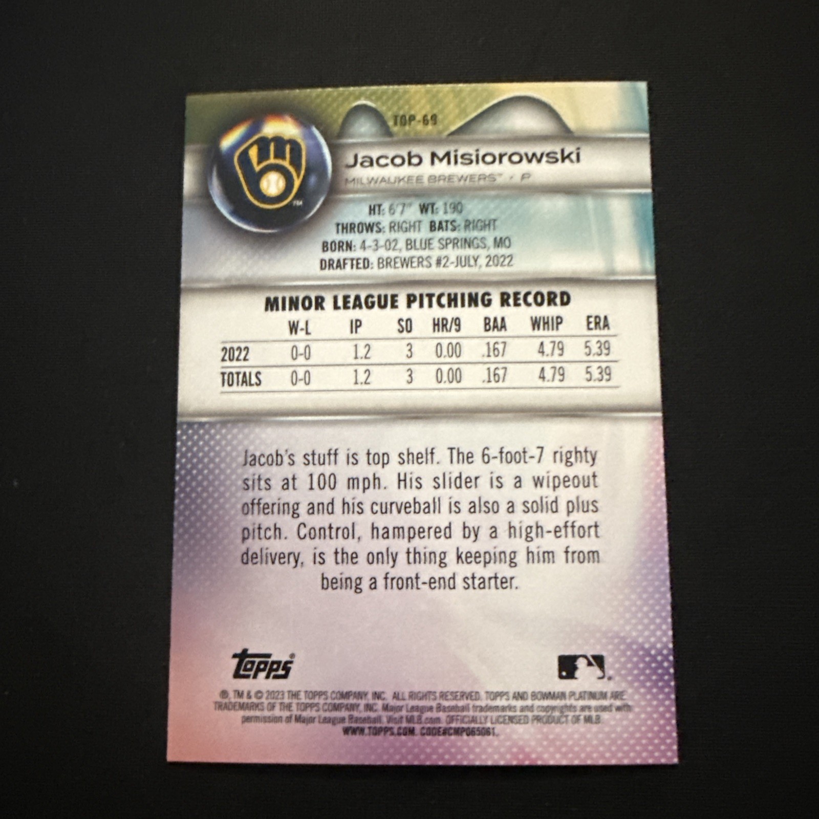 2023 Bowman Platinum – Top Prospects Jacob Misiorowski #TOP-69 (RC)