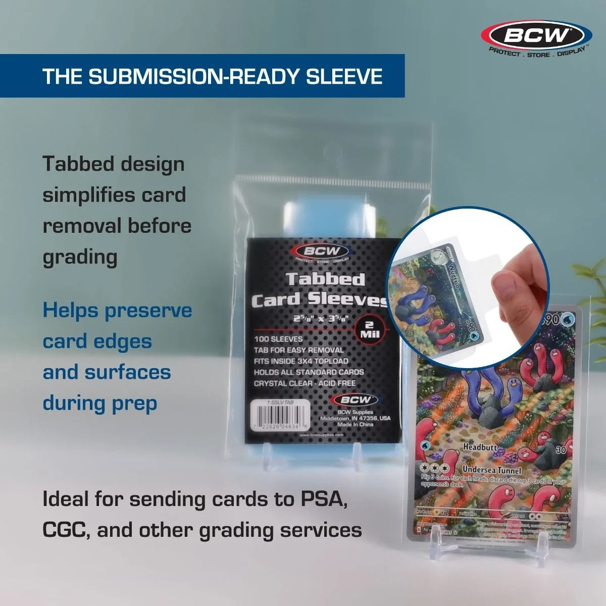 100 (1 Pack) BCW Easy Pull Tabbed Tab Soft Sleeves Trading Card Submission PSA
