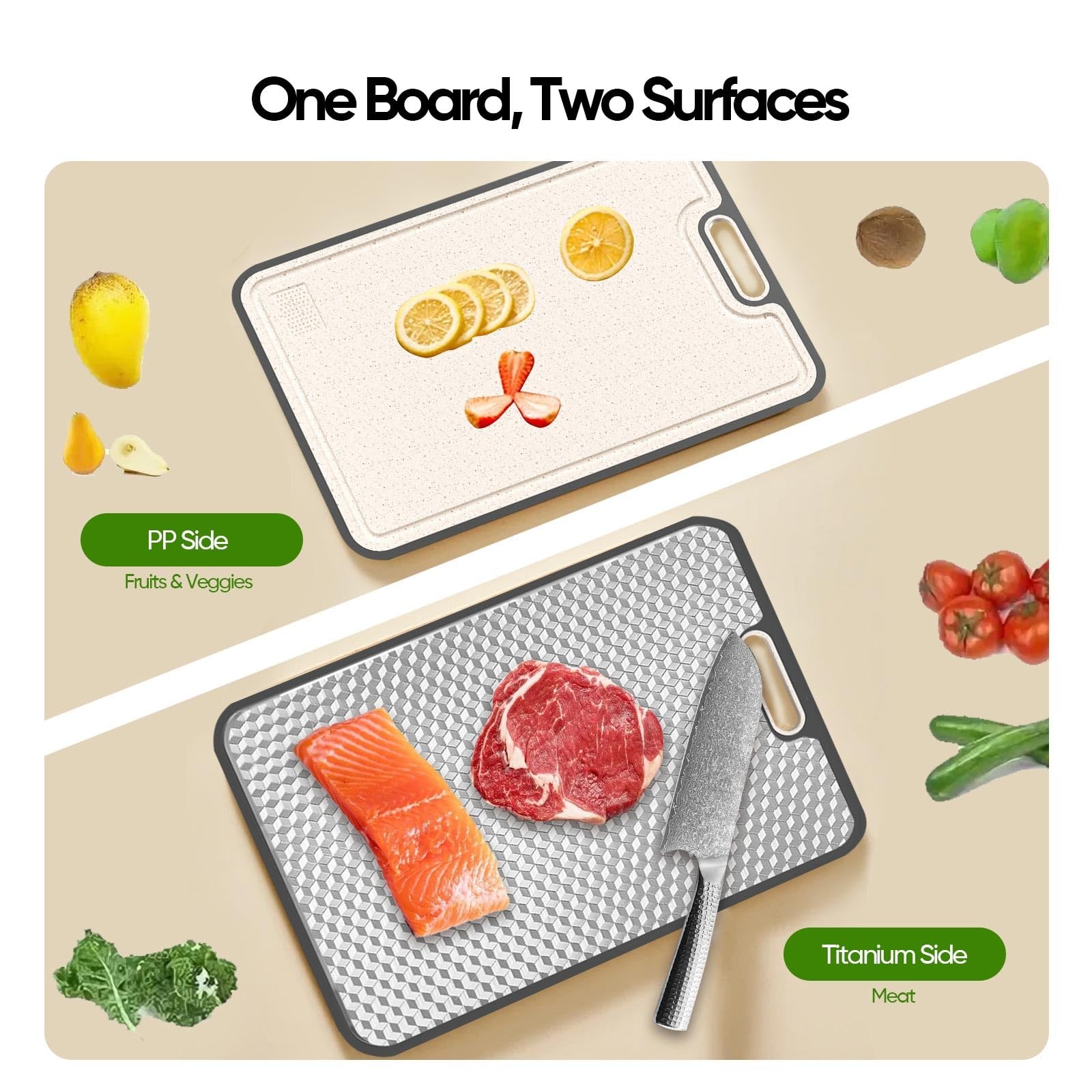 Titanium Cutting Board, Double Sided Medical-grade, 15.2″L x 10.4″W, Silver