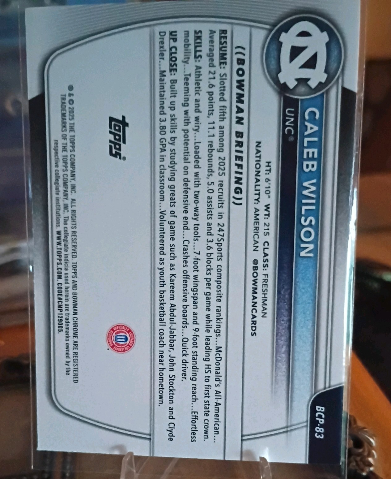 2025/26 Bowman Chrome U 1st Caleb Wilson #BCP-83 Reptilian Rwfeaxtors UNC!