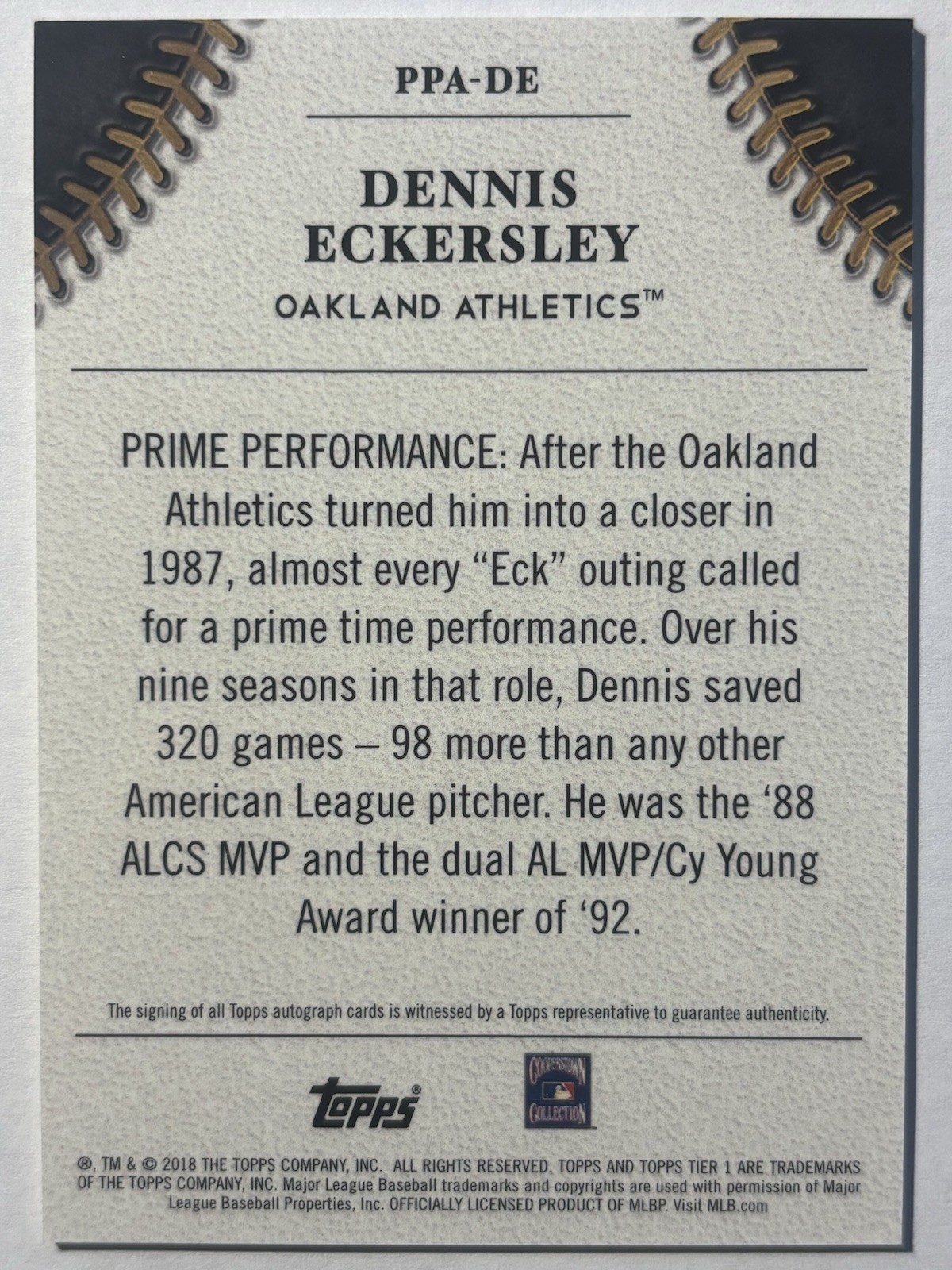 2018 Topps Tier One Prime Performers #02/10 Dennis Eckersley Silver Ink Auto