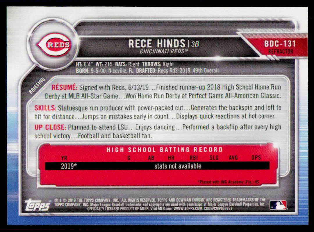 2019 Bowman Draft Rece Hinds BDC-131 Chrome Refractor Cincinnati Reds
