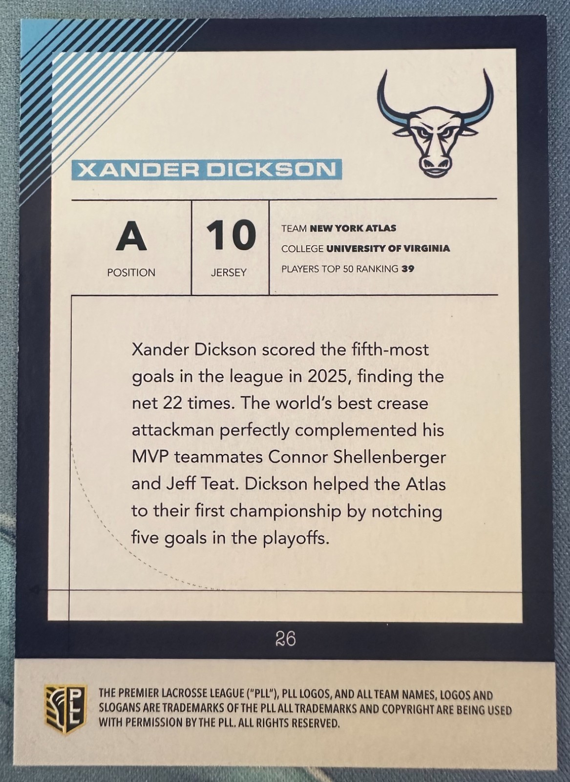 XANDER DICKSON 2026 PREMIER LACROSSE LEAGUE PLL FIELDSIDE II BLACK #26 #06/25
