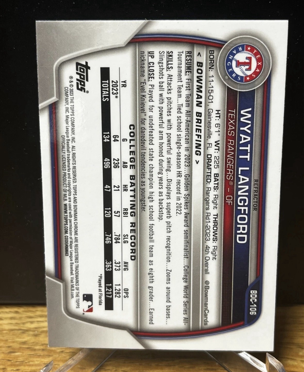 2023 Bowman Draft – Chrome Wyatt Langford #BDC-106 Refractor (RC)