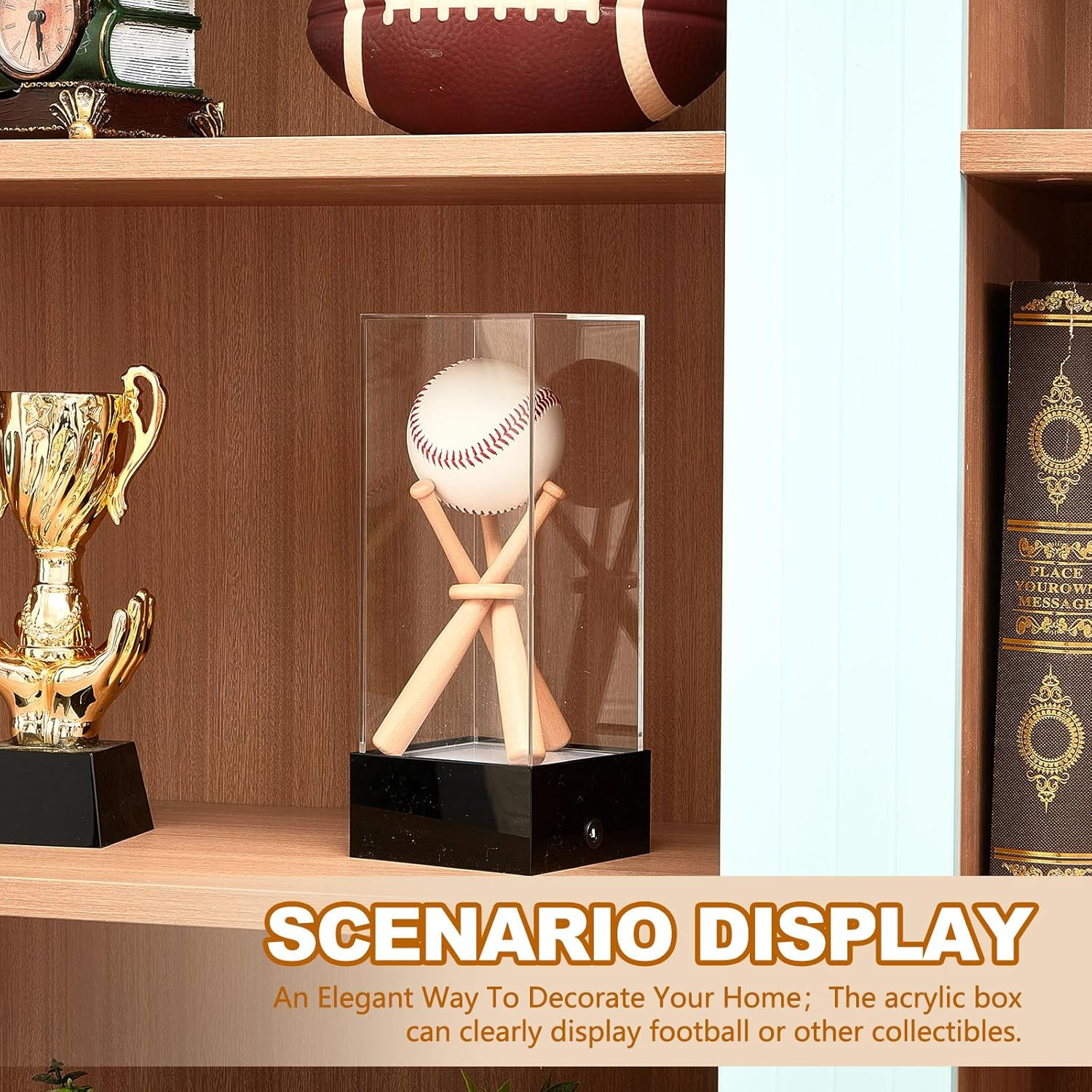 Baseball Display Case with LED Light Base Stand Holder, Wooden Sticks, UV Protec