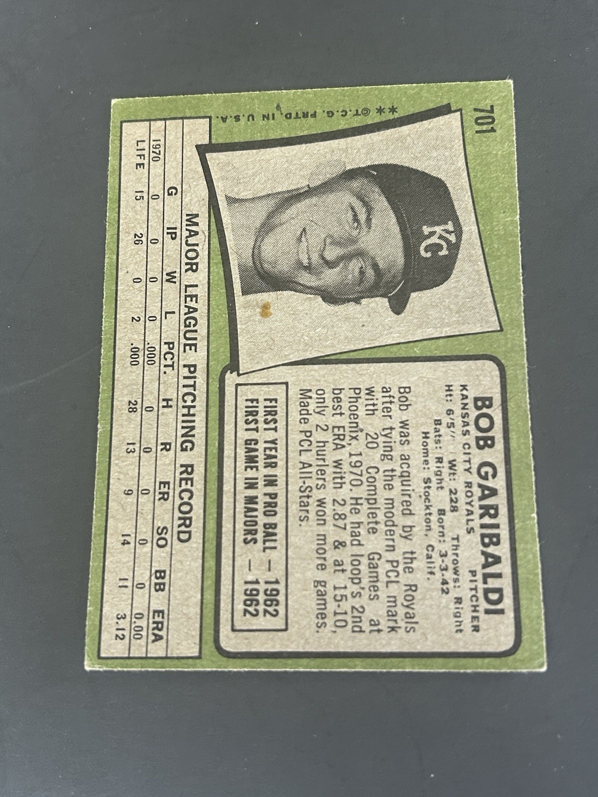 1971 TOPPS BASEBALL #701 Bob Garibaldi EX/EX+ Tough Hi Number KC Royals