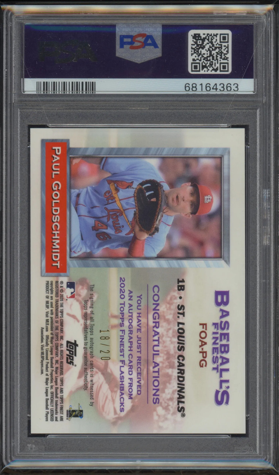 2020 Finest Flashbacks Autograph PG Paul Goldschmidt PSA 9 18/20 Cardinals