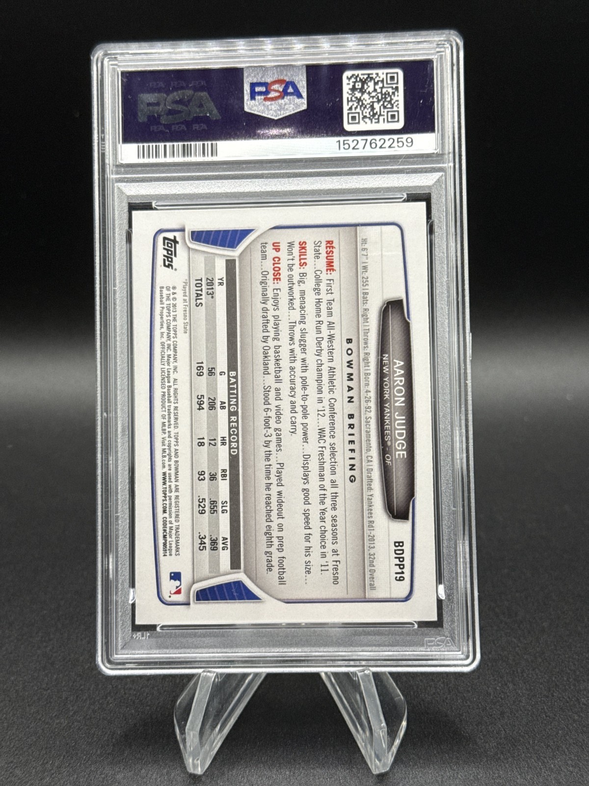 2013 Bowman Draft Picks & Prospects Aaron Judge #BDPP19 Rookie Card PSA 9
