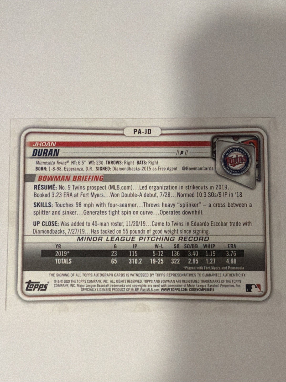 2020 Bowman – #PA-JD Prospects Autographs Jhoan Duran Gold /50 Minnesota Twins