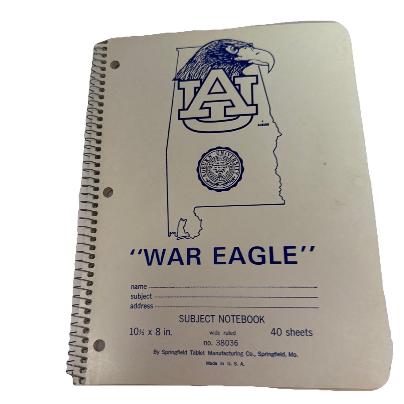 VINTAGE Alabama Auburn War Eagle Spiral Subject Notebook Made In USA 10.5 X 8