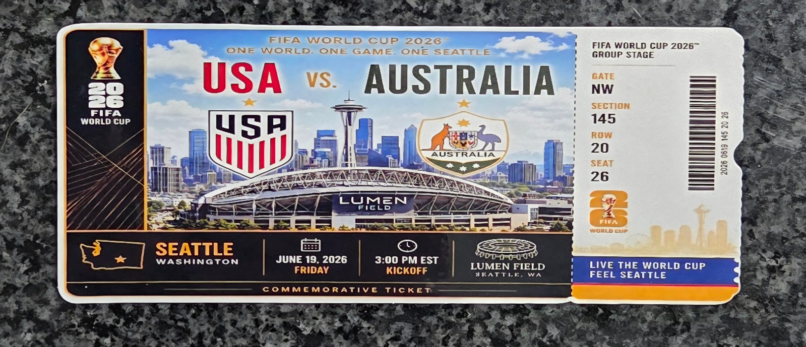 2026 FIFA World Cup USA Vs. Australia commemorative Ticket Decal / Sticker Water