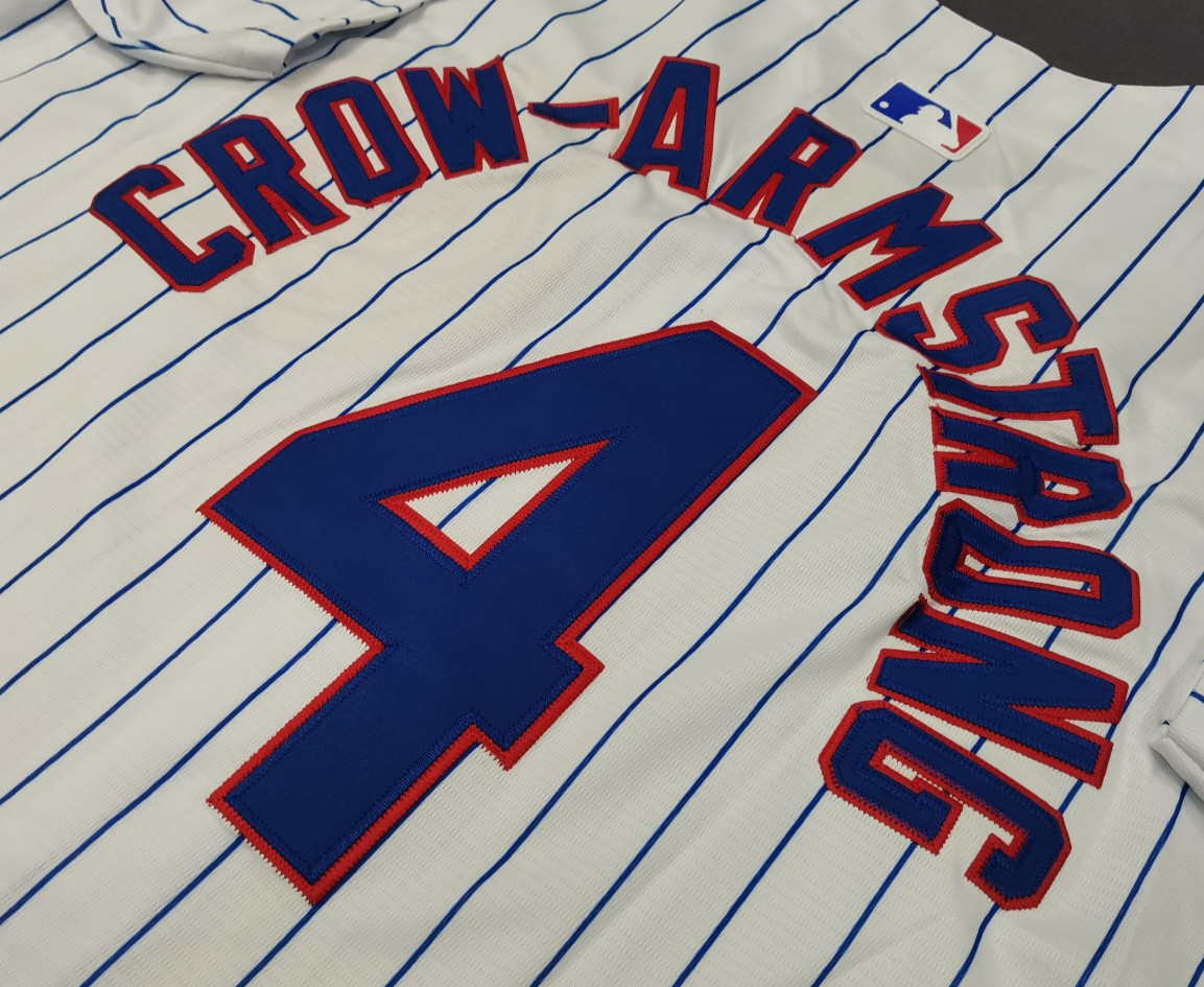 Pete Crow-Armstrong #4 Cubs White Stripe Cool Base Sewn Stitched Jersey.