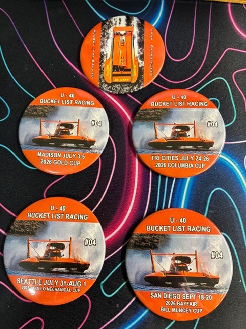 2026 BUCKET LIST RACING SET of 4 NUMBER # 04 SEAFAIR HYDROPLANE BUTTON PINS