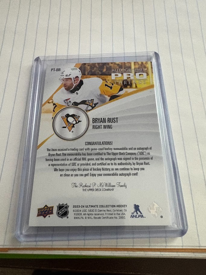 2023-24 Upper Deck Ultimate Collection – Pro Threads Bryan Rust #PT-BR /99 (AU,