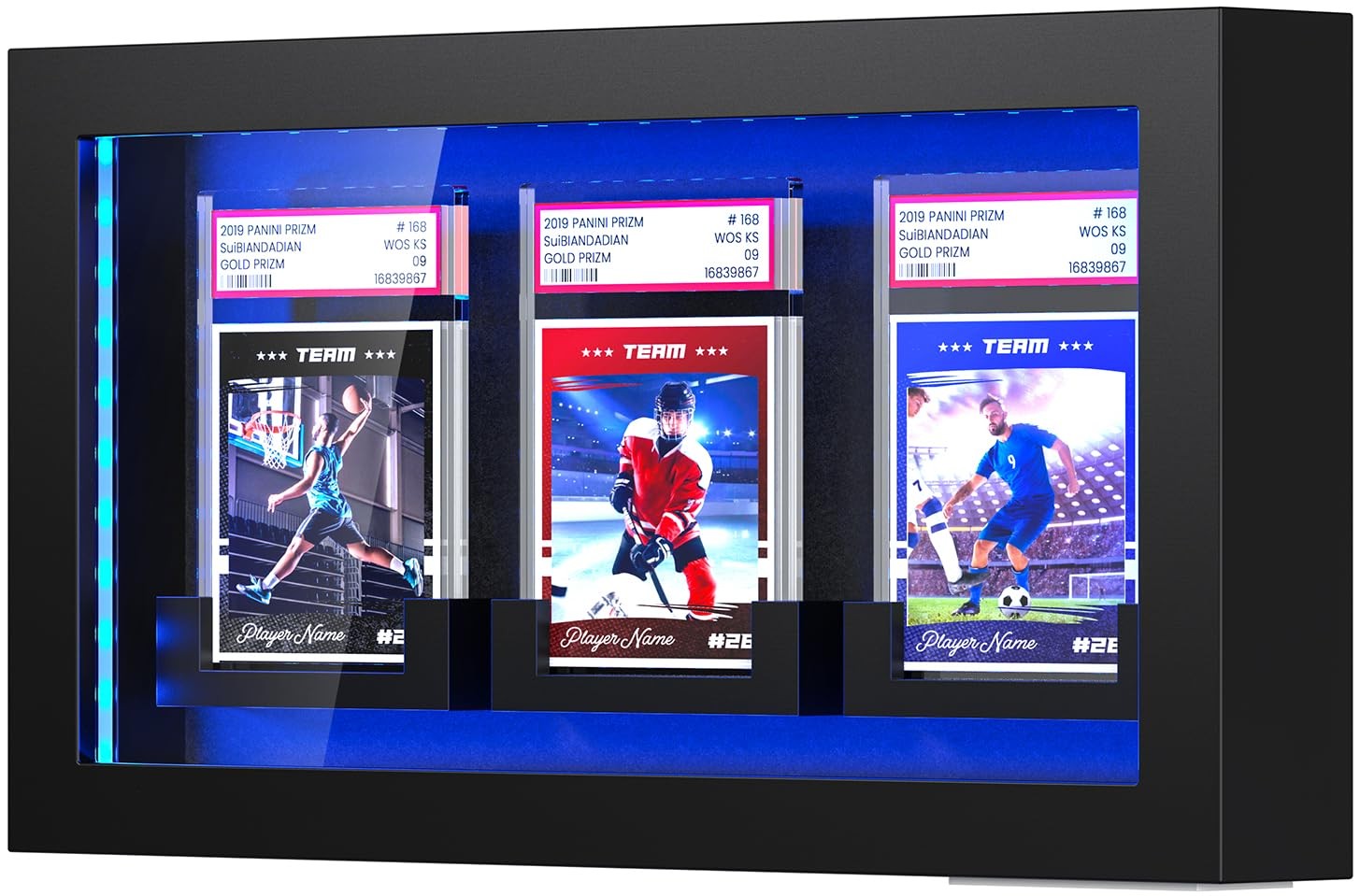 Trading Cards with LED Lighted Wall Mount 3 Graded Sport Card Display Case fo…