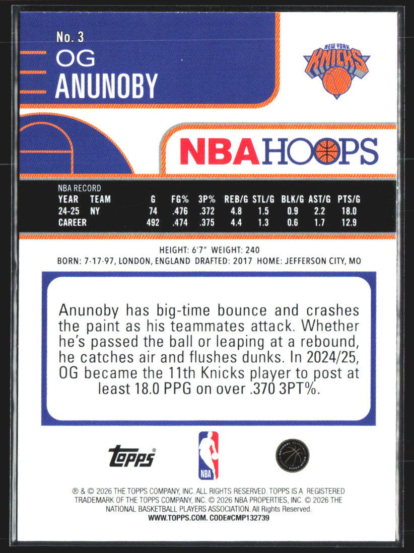 2026 Topps NBA Hoops OG Anunoby #3 Basketball Card 🔥