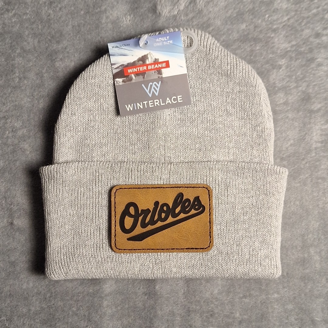 Baltimore Orioles Leather Rectangle Patch Gray Beanie Cap MLB