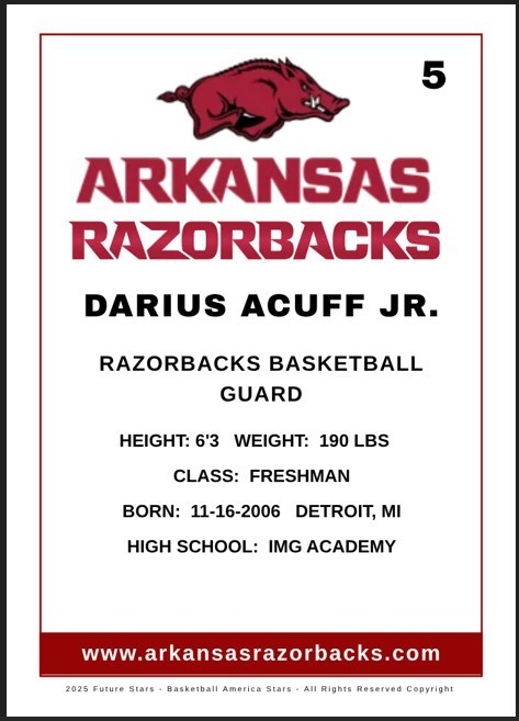 2025-26 Darius Acuff Jr. NCAA Future Stars Rookie Card #5 Arkansas Razorbacks
