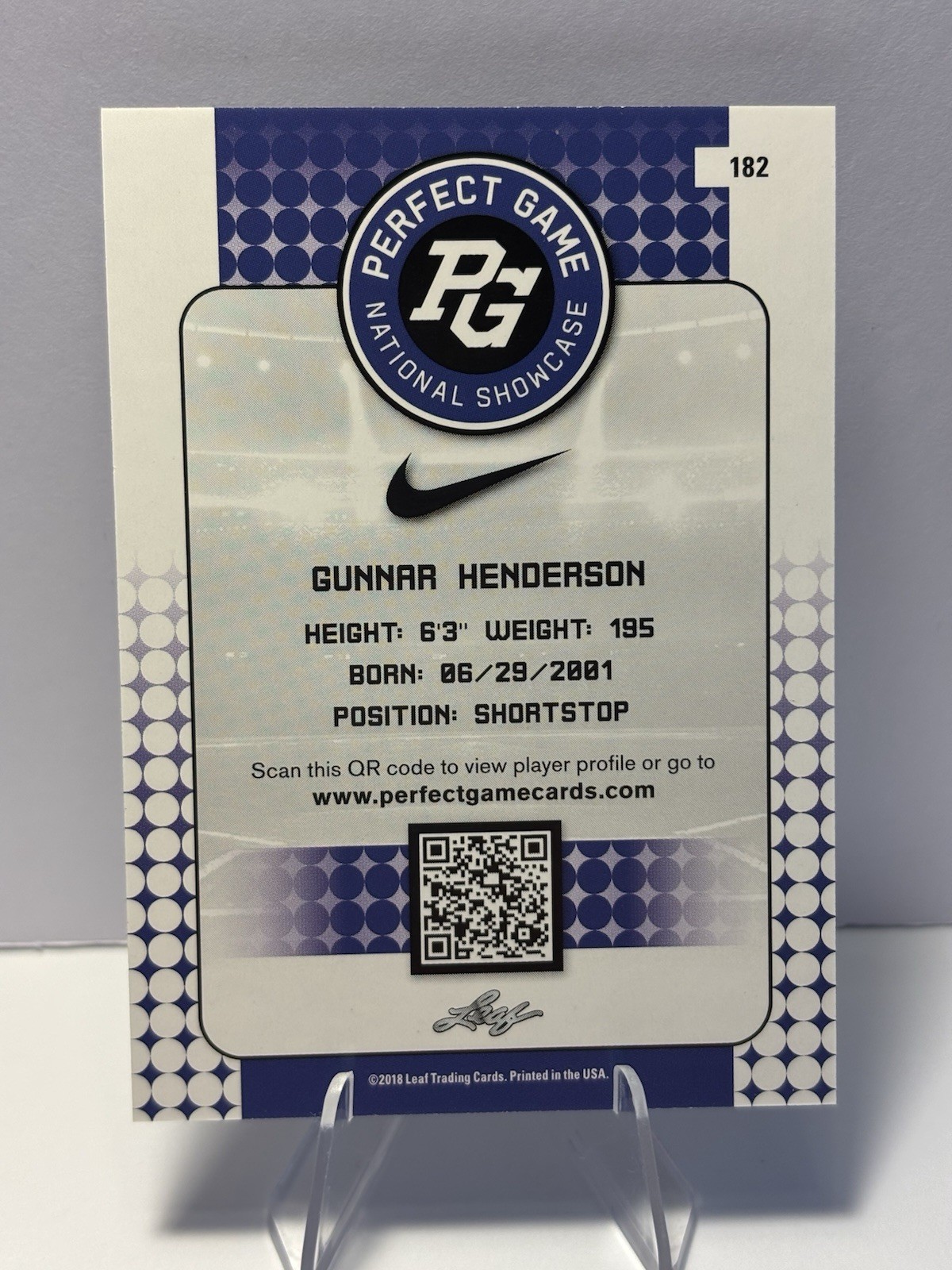Gunnar Henderson 1st Ever 2018 Leaf National Showcase Rookie #182 Baseball Card