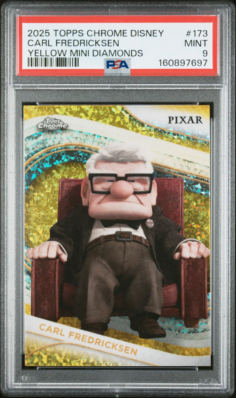 2025 Topps Chrome Disney #173 Carl Fredricksen Yellow Mini Diamonds PSA 9