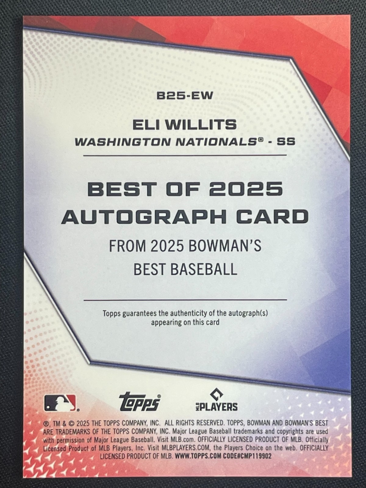 ELI WILLITS ON CARD AUTO AUTOGRAPH 2025 BOWMAN’S BEST BASEBALL MLB NATIONALS 1