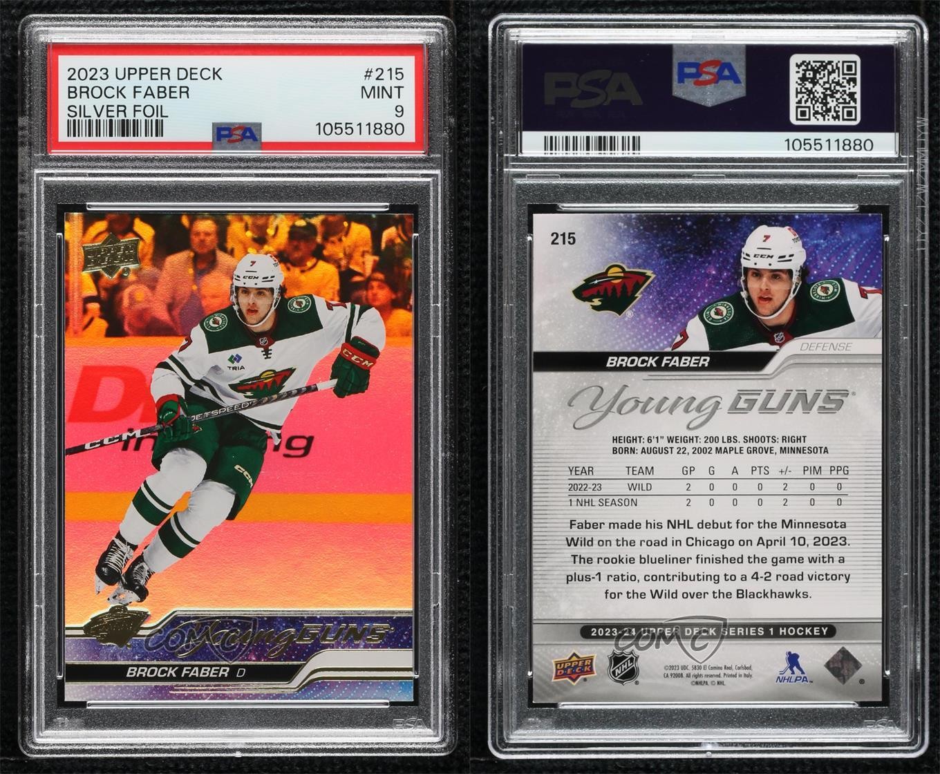 2023 Upper Deck Series 1 Young Guns Silver Foil Brock Faber #215 Rookie RC 13ya