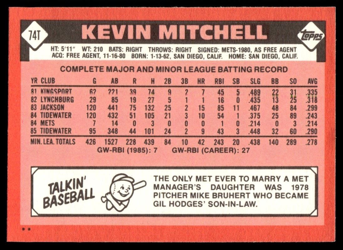 1986 Topps Traded Kevin Mitchell Rookie #74T